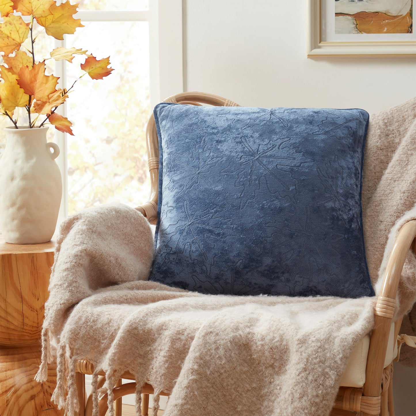 Blue Embroidered Leaves Decorative Pillow